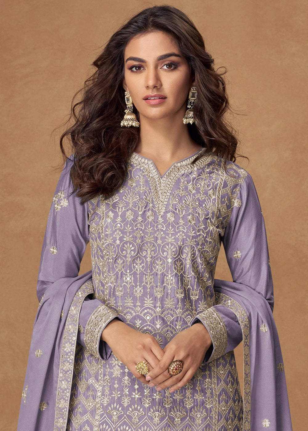 Iris Purple Embroidered Palazzo Suit in Soft Chinon Silk