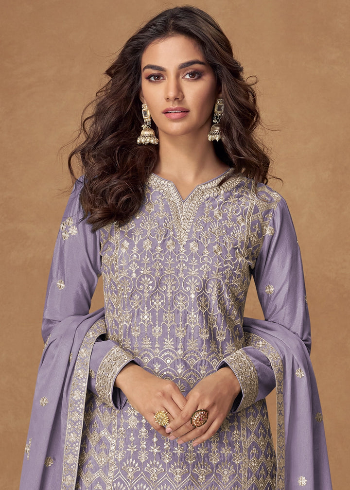Iris Purple Embroidered Palazzo Suit in Soft Chinon Silk