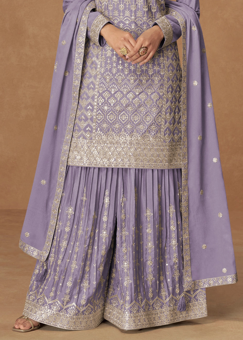 Iris Purple Embroidered Palazzo Suit in Soft Chinon Silk