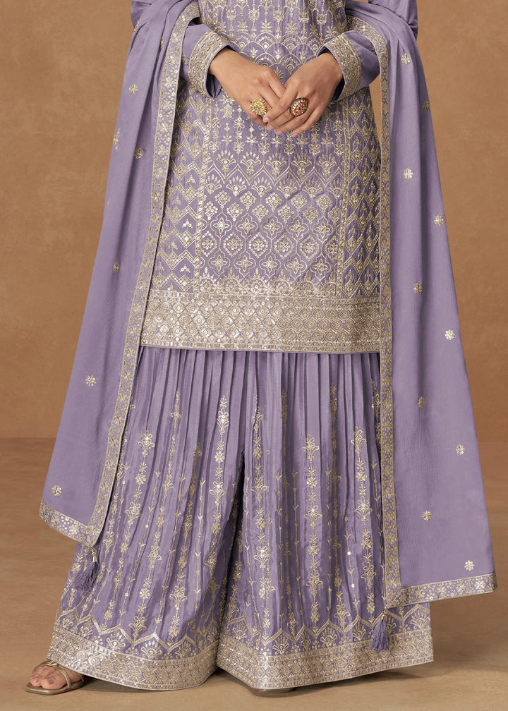 Iris Purple Embroidered Palazzo Suit in Soft Chinon Silk