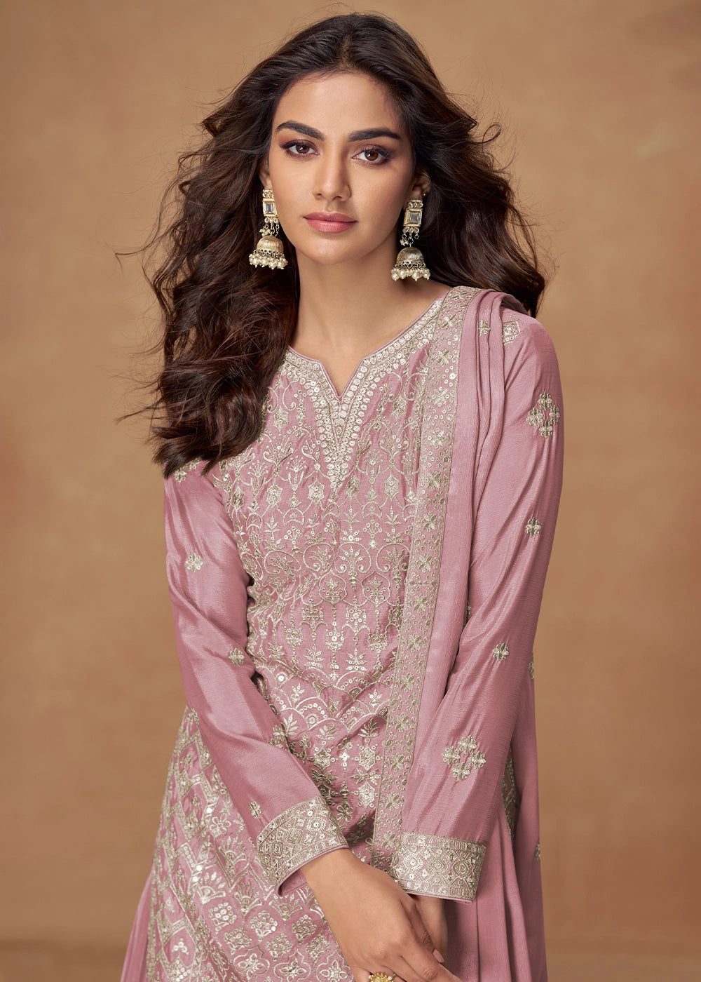Taffy Pink Embroidered Palazzo Suit in Soft Chinon Silk