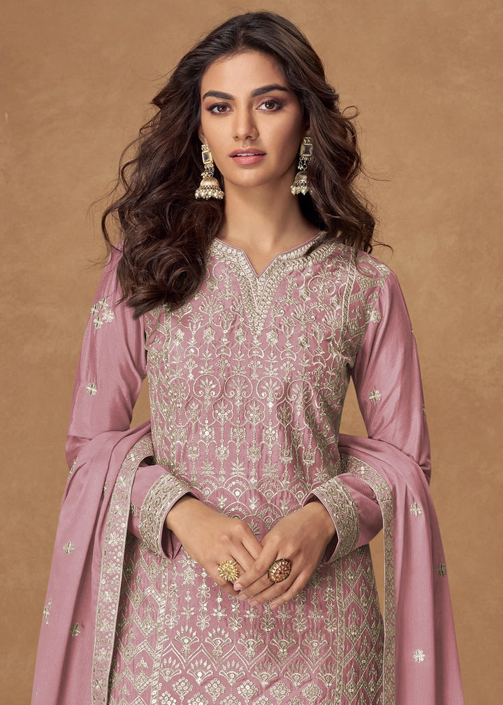Taffy Pink Embroidered Palazzo Suit in Soft Chinon Silk
