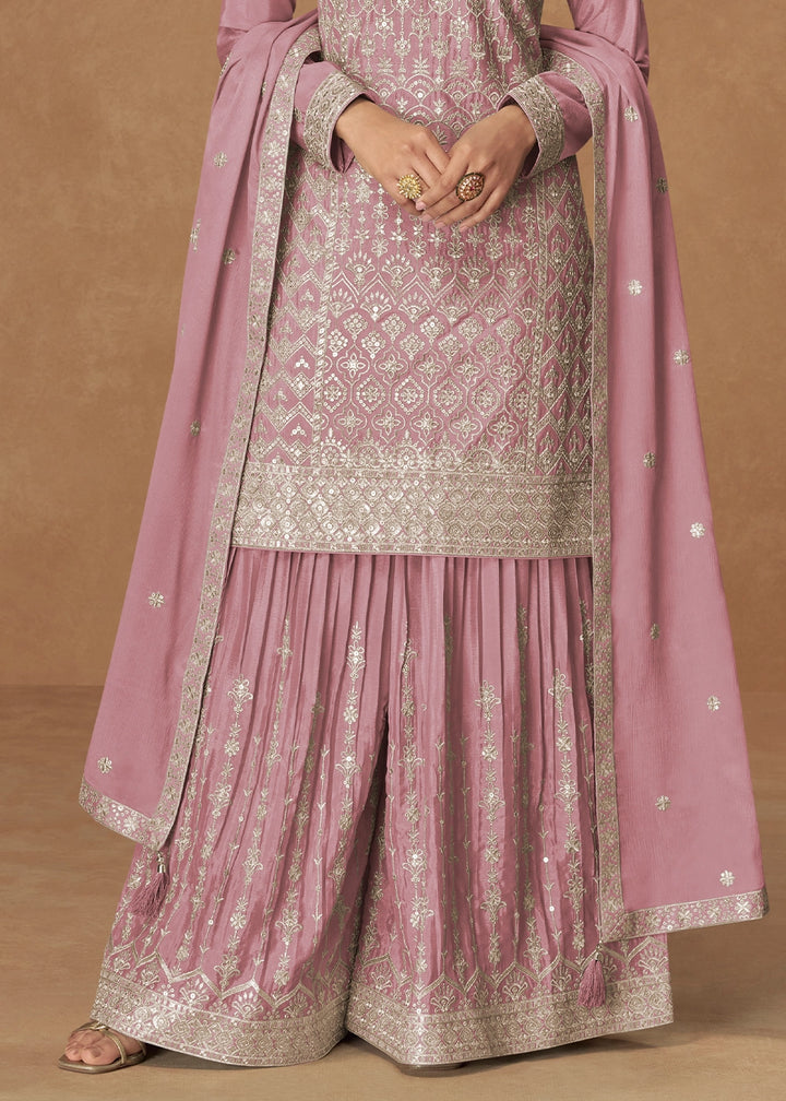 Taffy Pink Embroidered Palazzo Suit in Soft Chinon Silk