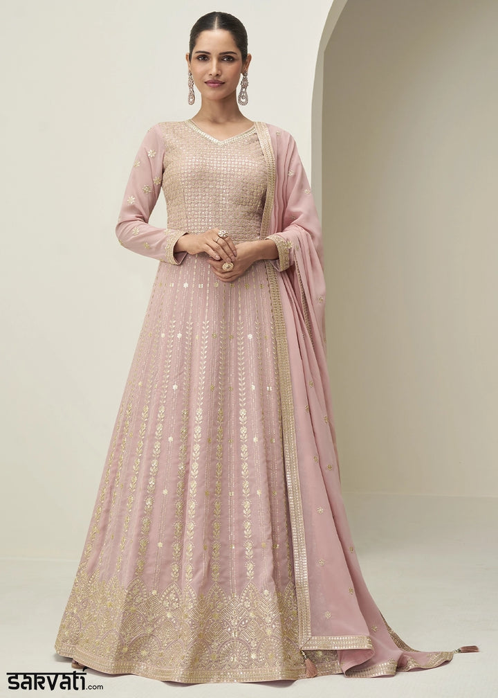 Baby Pink Anarkali Gown in Georgette with Intricate Embroidery Work