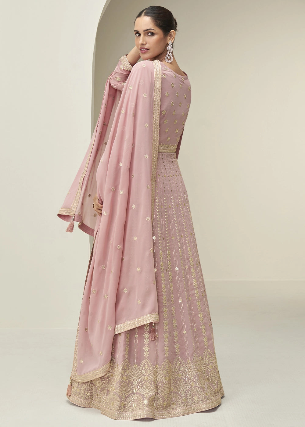 Baby Pink Anarkali Gown in Georgette with Intricate Embroidery Work