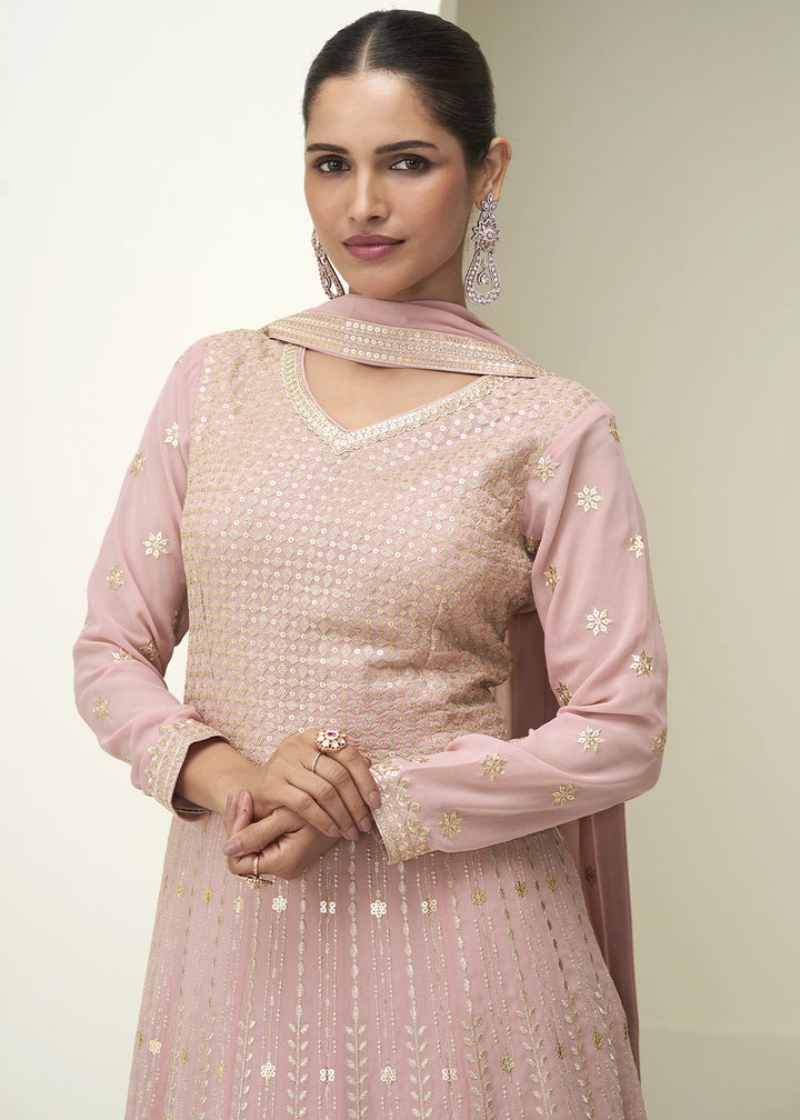 Baby Pink Anarkali Gown in Georgette with Intricate Embroidery Work