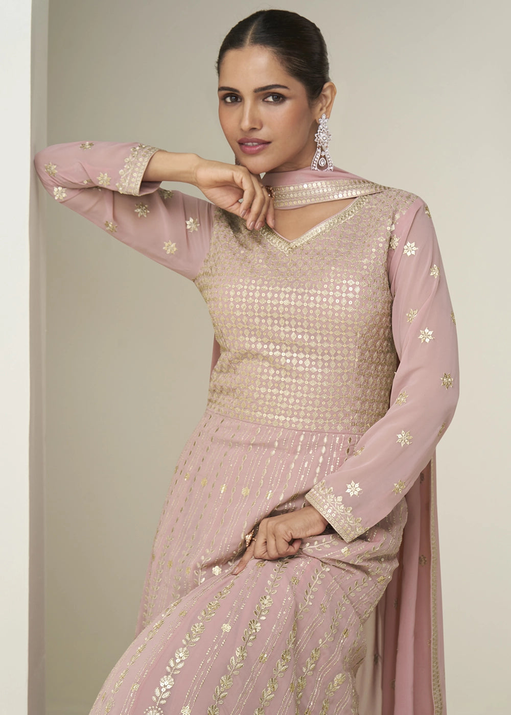 Baby Pink Anarkali Gown in Georgette with Intricate Embroidery Work