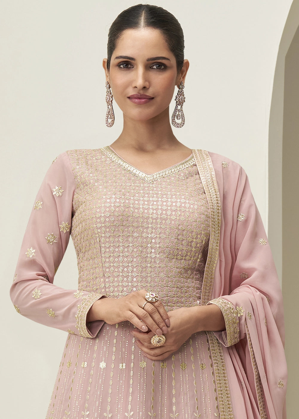 Baby Pink Anarkali Gown in Georgette with Intricate Embroidery Work