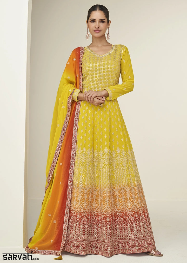 Pineapple Yellow Anarkali Gown in Georgette with Intricate Embroidery Work