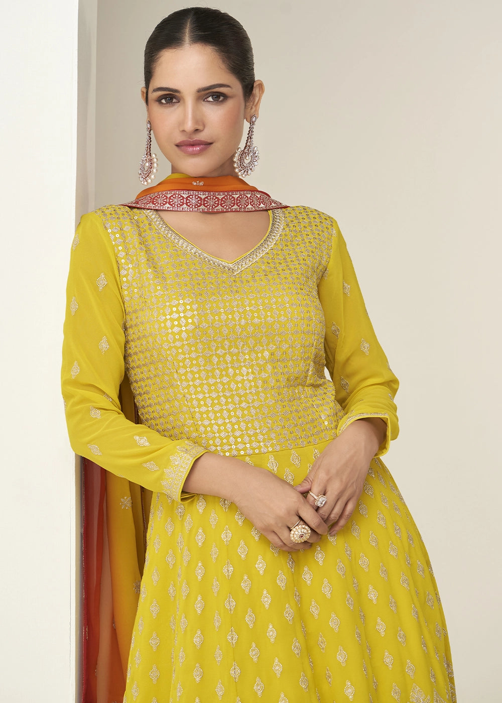 Pineapple Yellow Anarkali Gown in Georgette with Intricate Embroidery Work