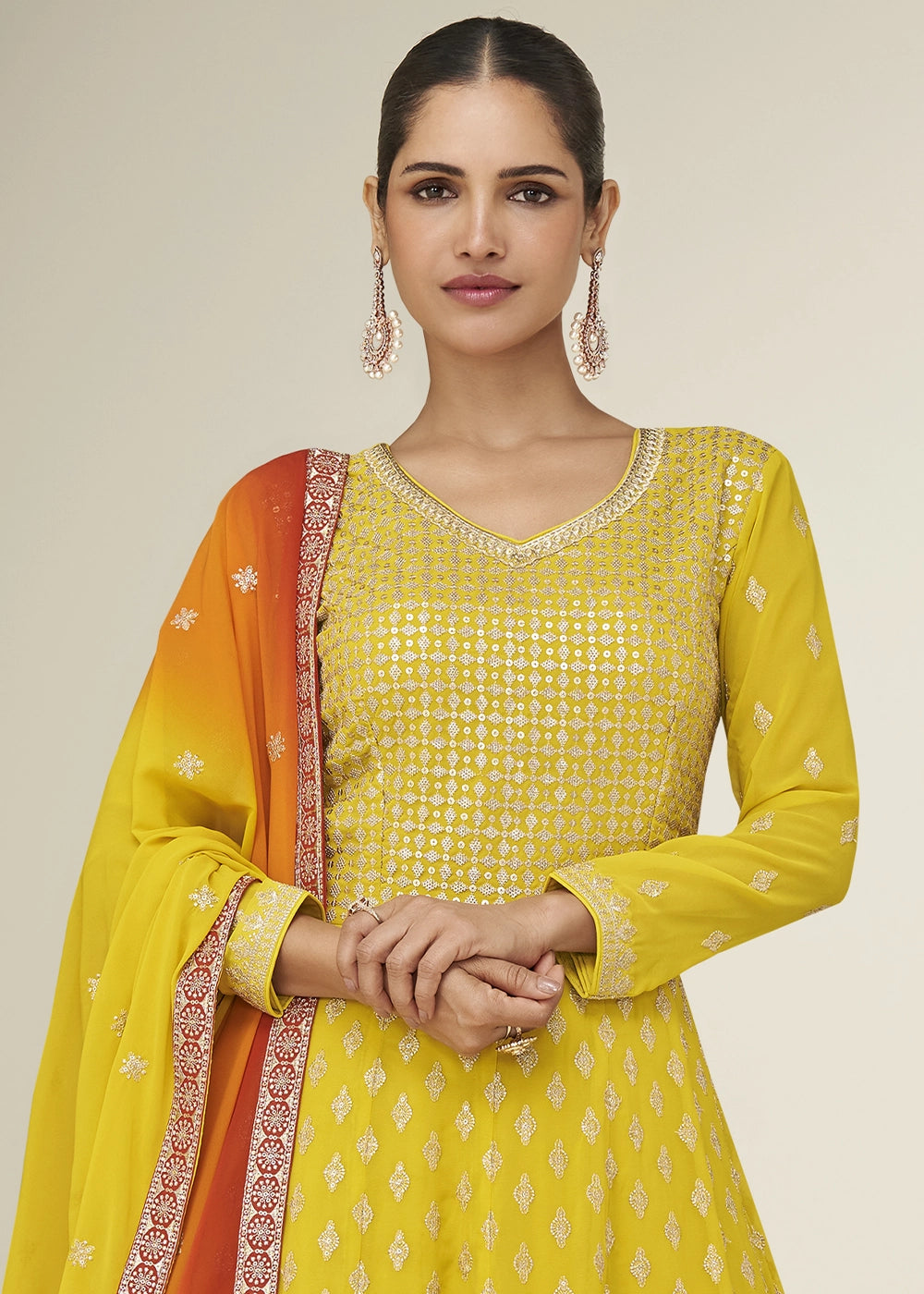 Pineapple Yellow Anarkali Gown in Georgette with Intricate Embroidery Work