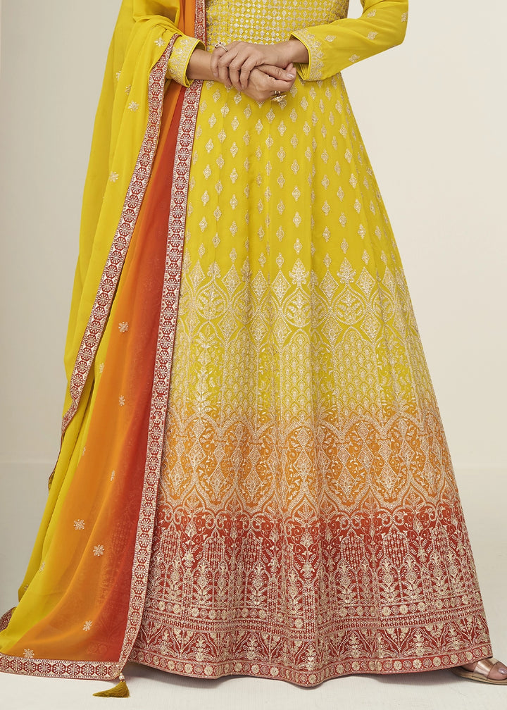 Pineapple Yellow Anarkali Gown in Georgette with Intricate Embroidery Work