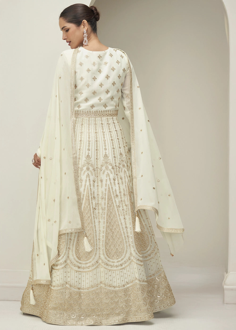 Rice White Anarkali Gown in Georgette with Intricate Embroidery Work