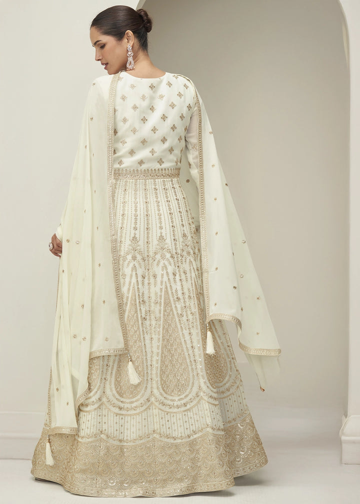Rice White Anarkali Gown in Georgette with Intricate Embroidery Work
