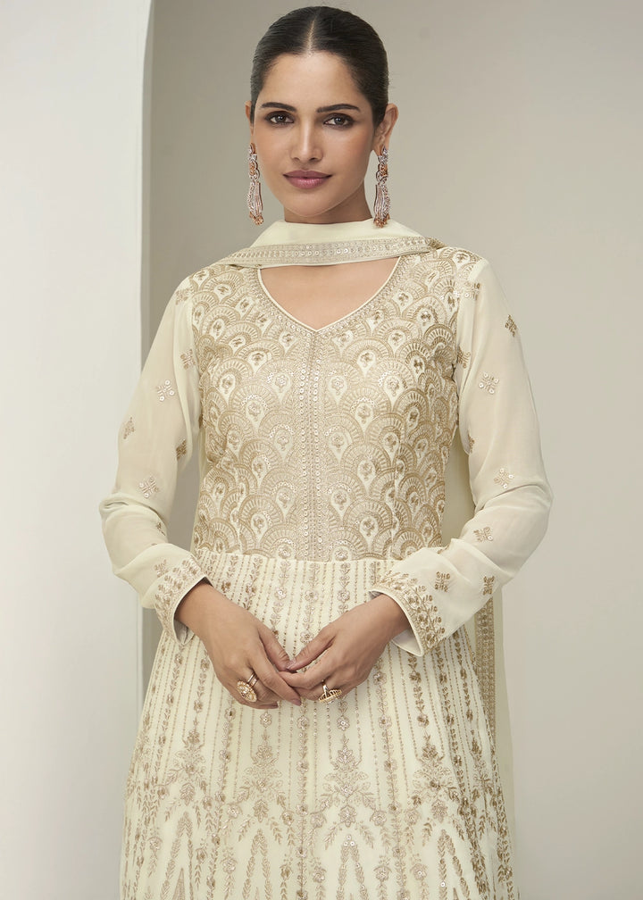 Rice White Anarkali Gown in Georgette with Intricate Embroidery Work