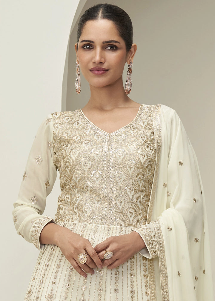 Rice White Anarkali Gown in Georgette with Intricate Embroidery Work