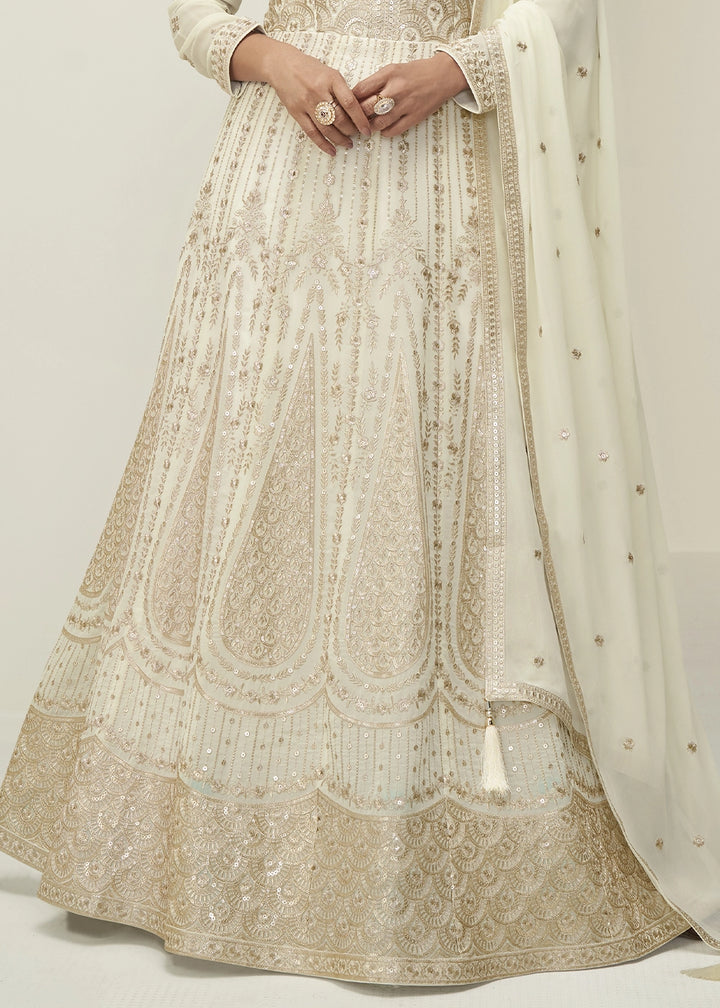 Rice White Anarkali Gown in Georgette with Intricate Embroidery Work