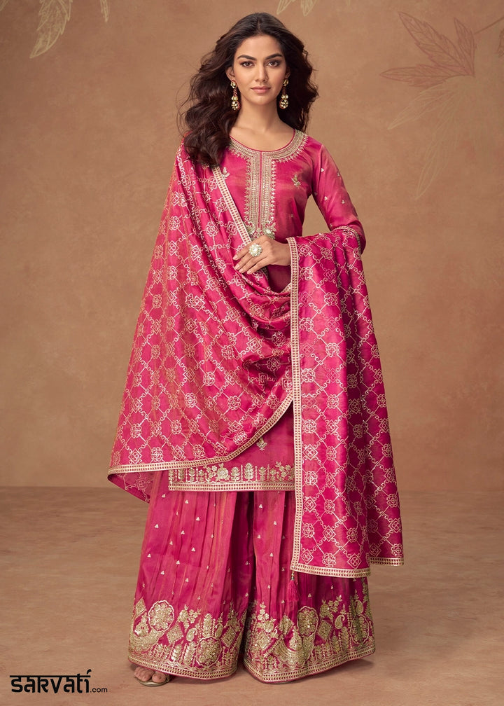 Raspberry Pink Simar Silk Palazzo Suit with Elegant Embroidery