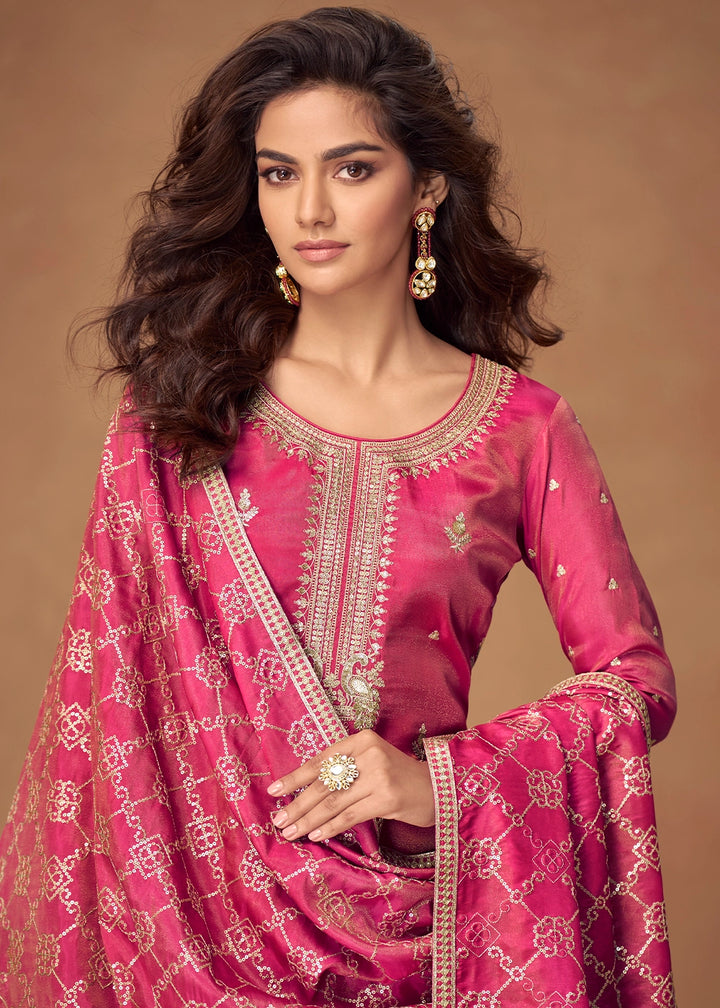 Raspberry Pink Simar Silk Palazzo Suit with Elegant Embroidery