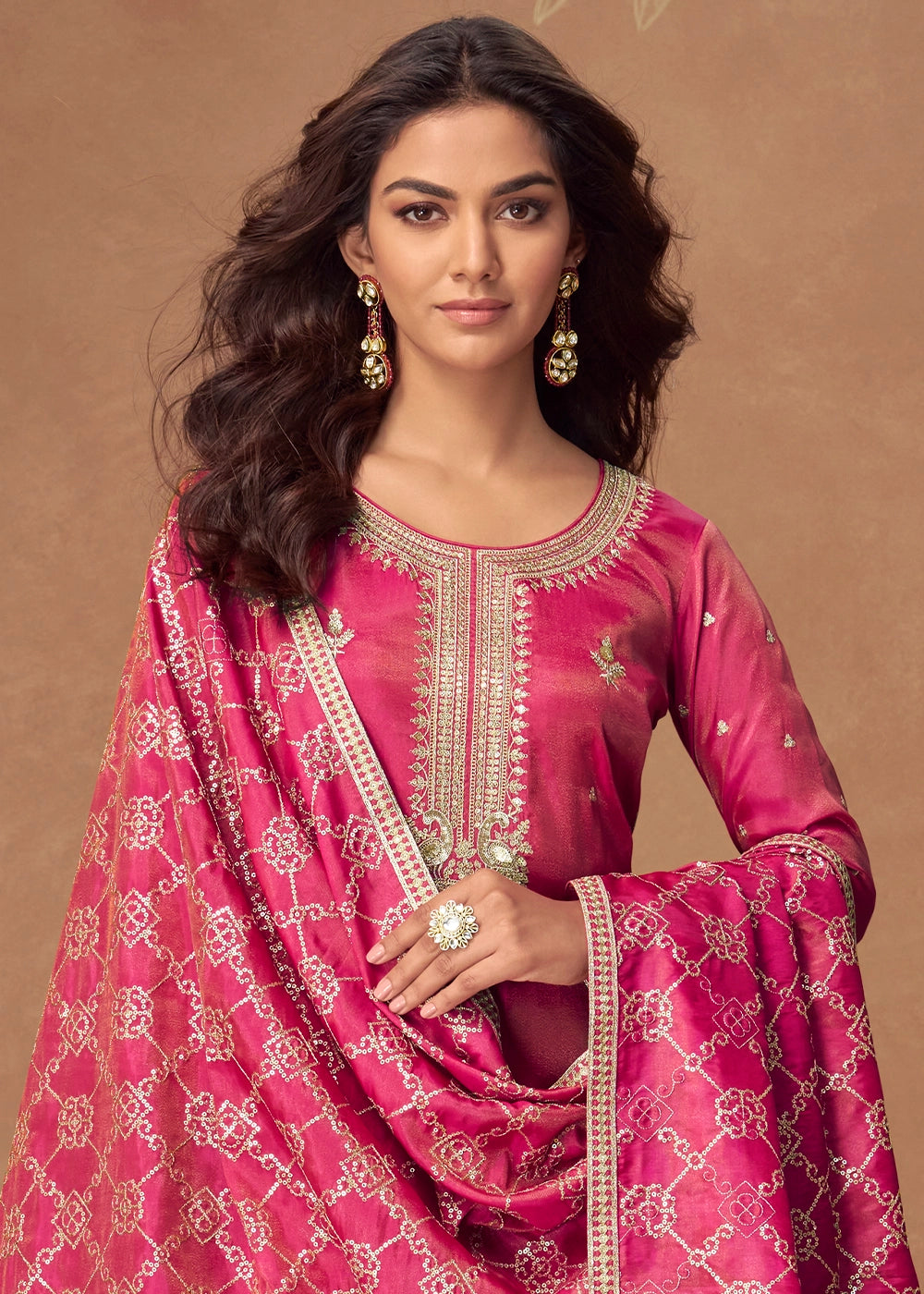 Raspberry Pink Simar Silk Palazzo Suit with Elegant Embroidery