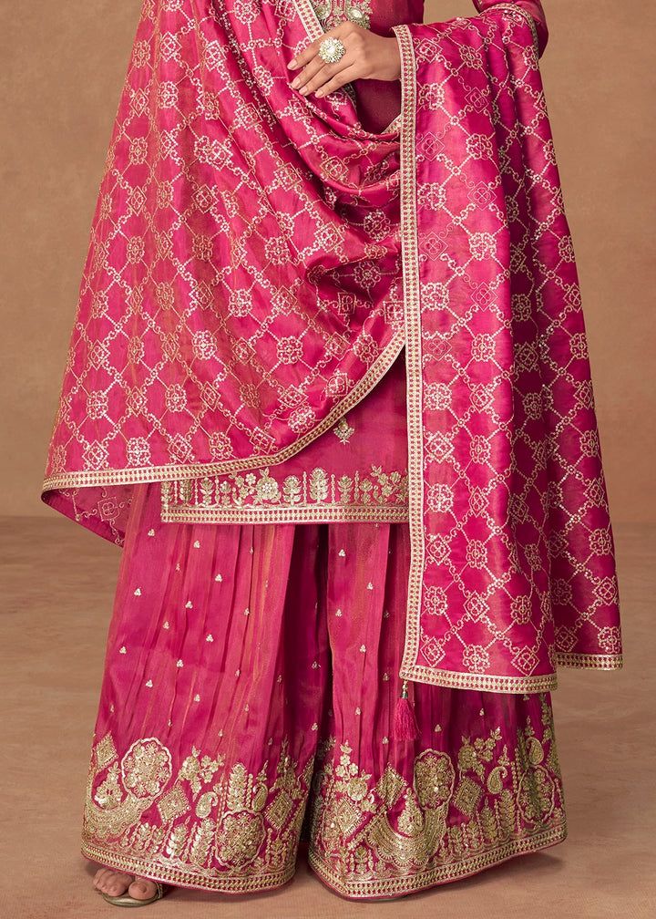 Raspberry Pink Simar Silk Palazzo Suit with Elegant Embroidery