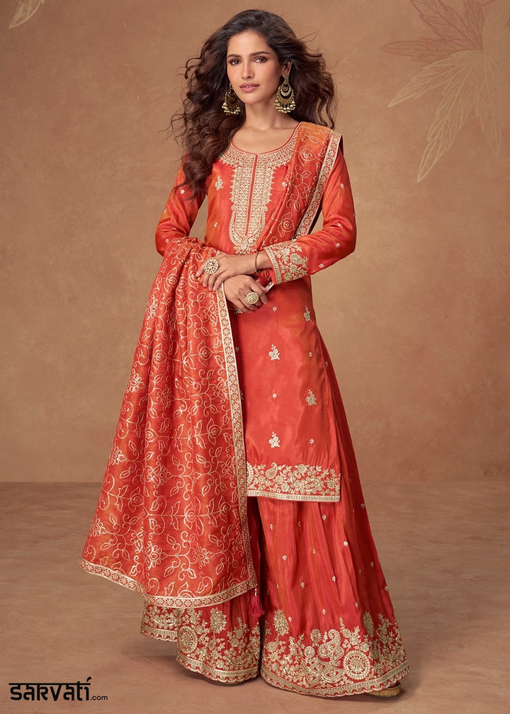 Vivid Orange Simar Silk Palazzo Suit with Elegant Embroidery