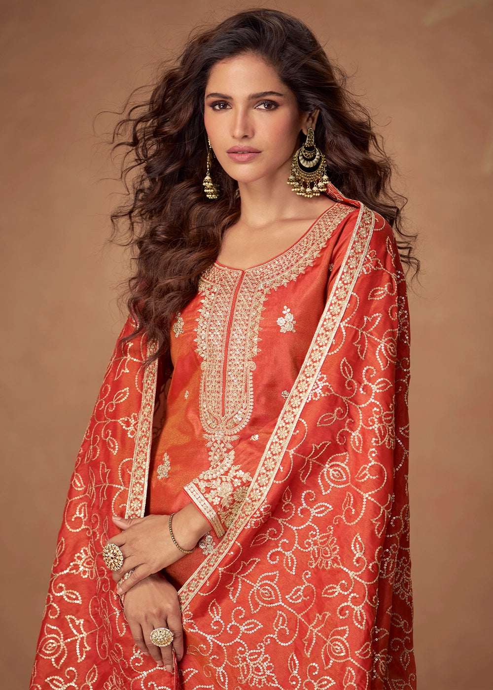 Vivid Orange Simar Silk Palazzo Suit with Elegant Embroidery