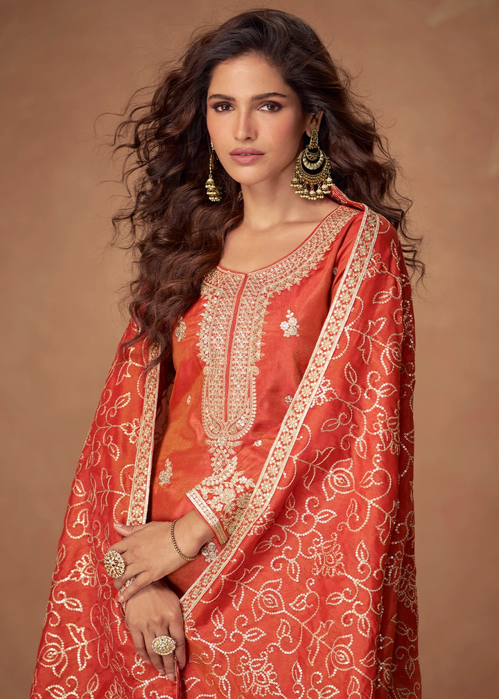Vivid Orange Simar Silk Palazzo Suit with Elegant Embroidery