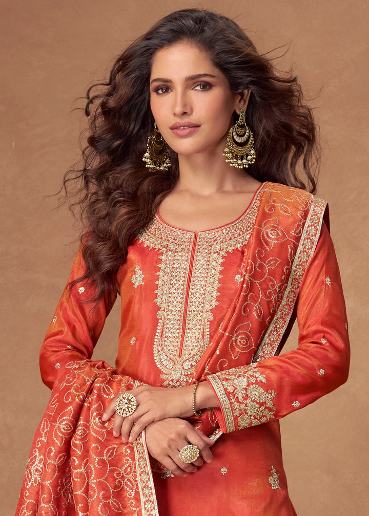 Vivid Orange Simar Silk Palazzo Suit with Elegant Embroidery