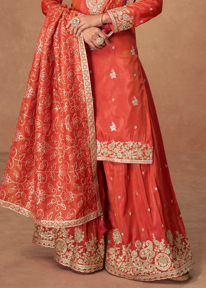 Vivid Orange Simar Silk Palazzo Suit with Elegant Embroidery