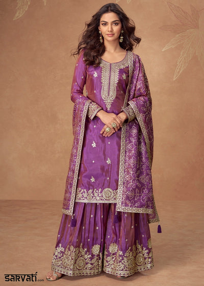 Electric Purple Simar Silk Palazzo Suit with Elegant Embroidery