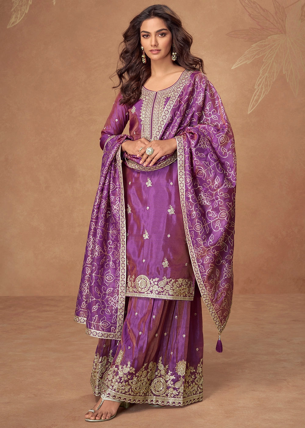 Electric Purple Simar Silk Palazzo Suit with Elegant Embroidery
