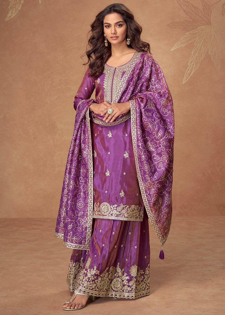 Electric Purple Simar Silk Palazzo Suit with Elegant Embroidery