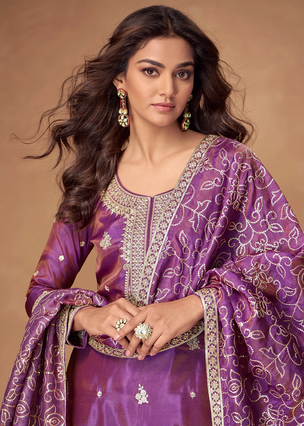 Electric Purple Simar Silk Palazzo Suit with Elegant Embroidery