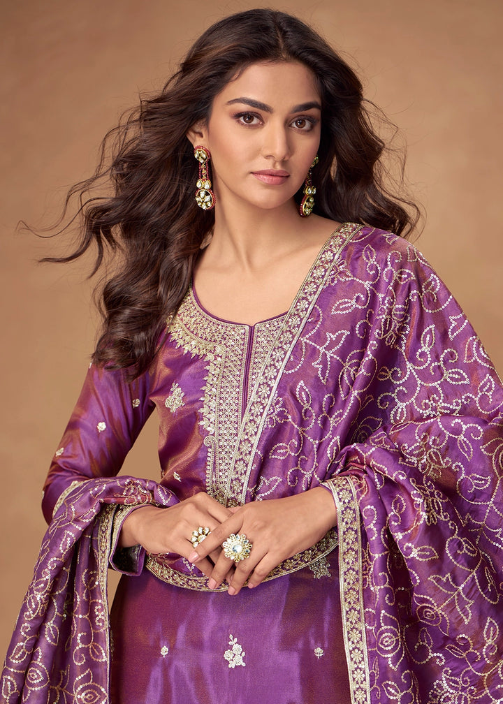 Electric Purple Simar Silk Palazzo Suit with Elegant Embroidery