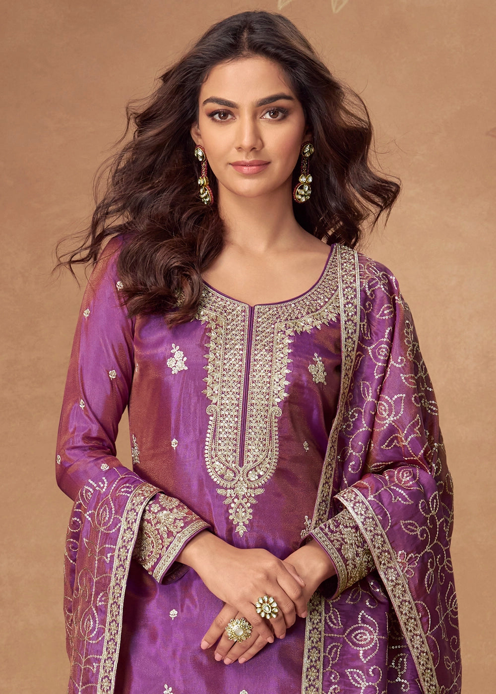 Electric Purple Simar Silk Palazzo Suit with Elegant Embroidery