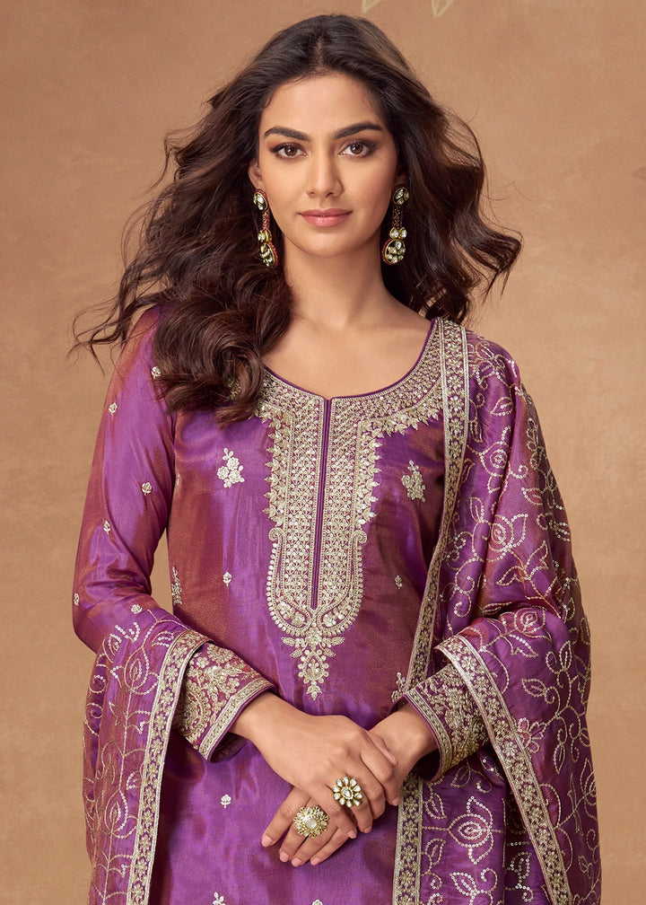 Electric Purple Simar Silk Palazzo Suit with Elegant Embroidery
