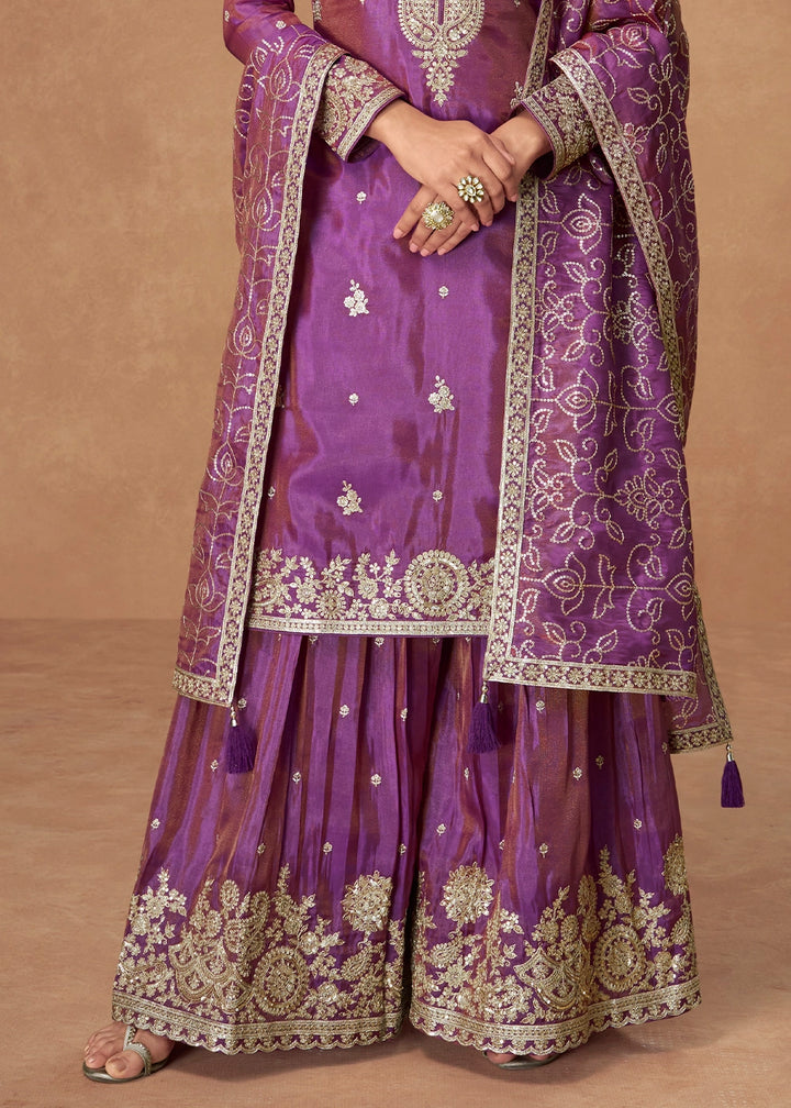 Electric Purple Simar Silk Palazzo Suit with Elegant Embroidery