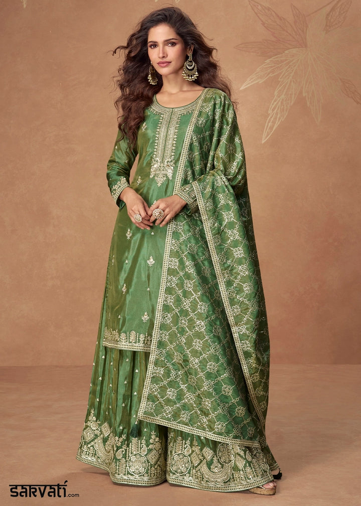 Mantis Green Simar Silk Palazzo Suit with Elegant Embroidery