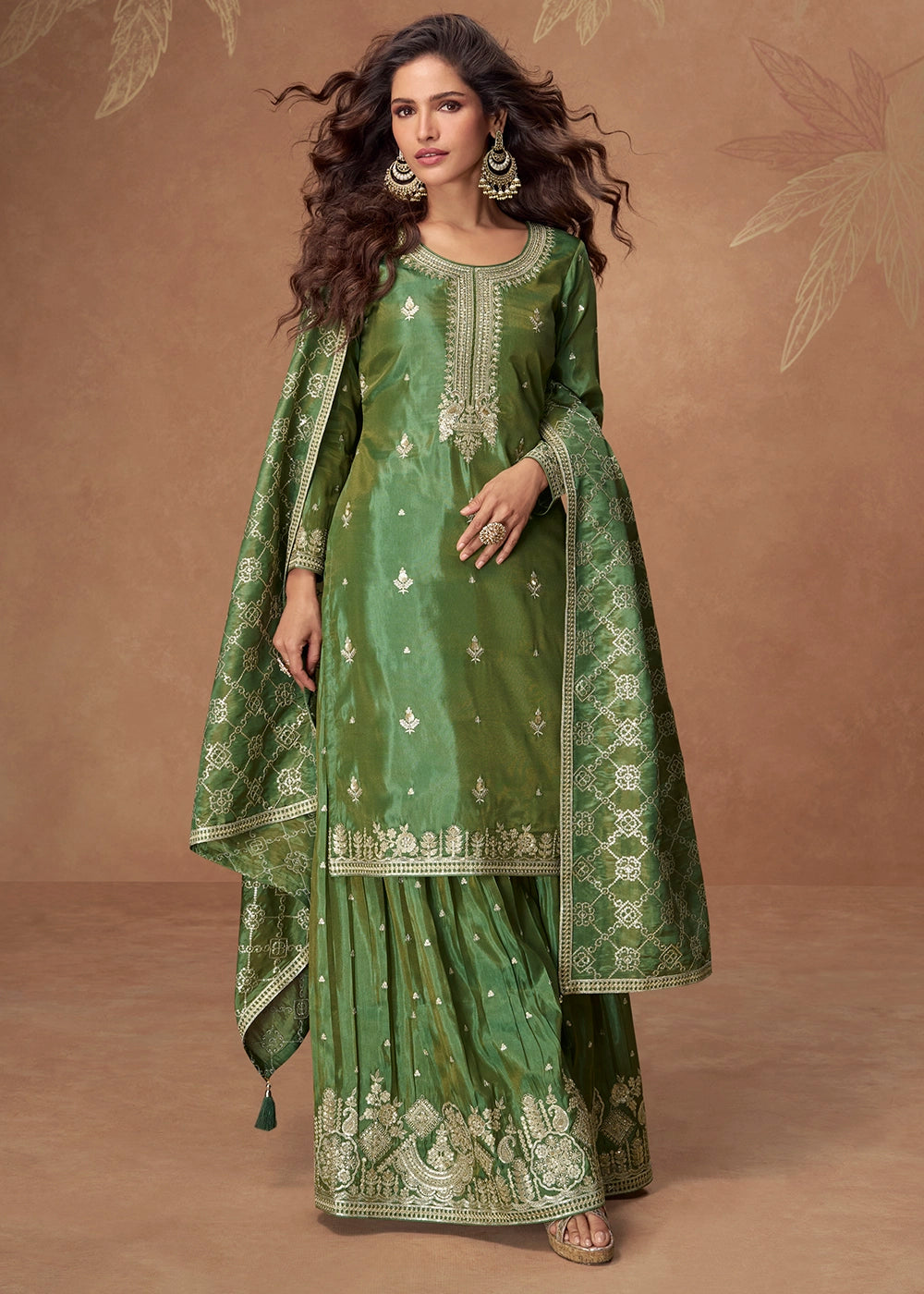 Mantis Green Simar Silk Palazzo Suit with Elegant Embroidery