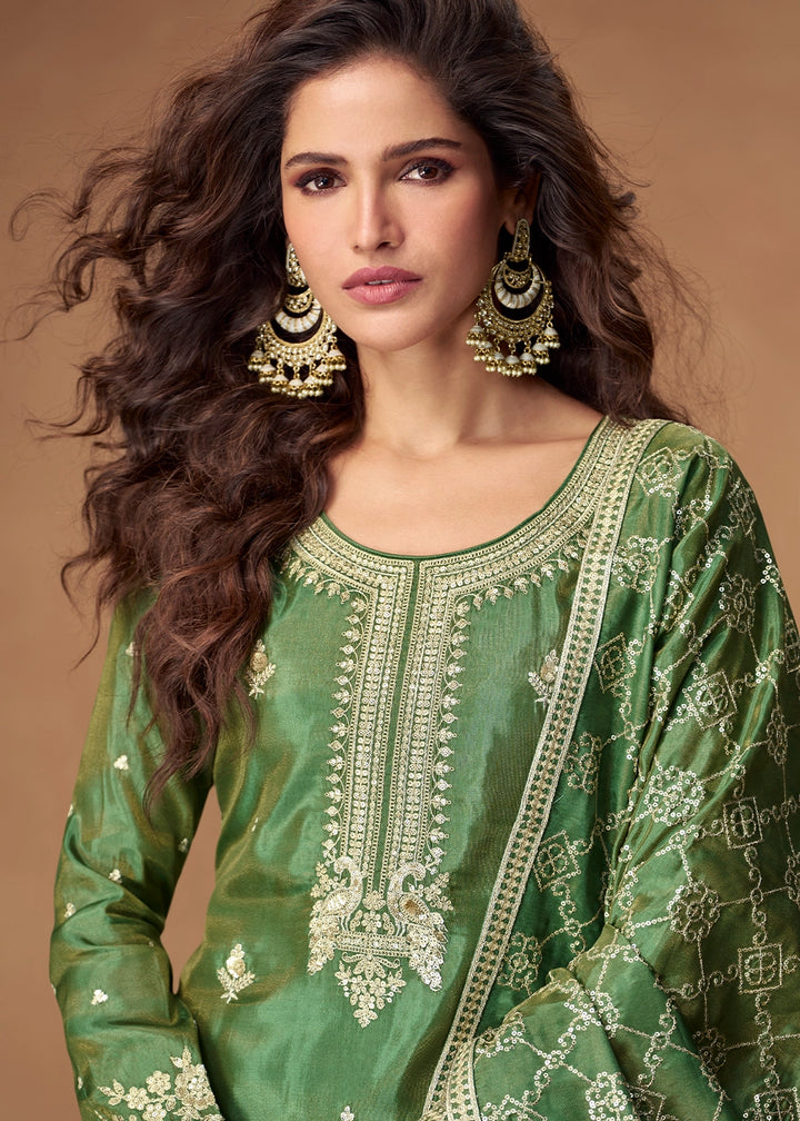 Mantis Green Simar Silk Palazzo Suit with Elegant Embroidery