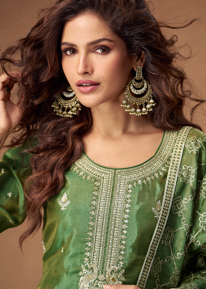 Mantis Green Simar Silk Palazzo Suit with Elegant Embroidery