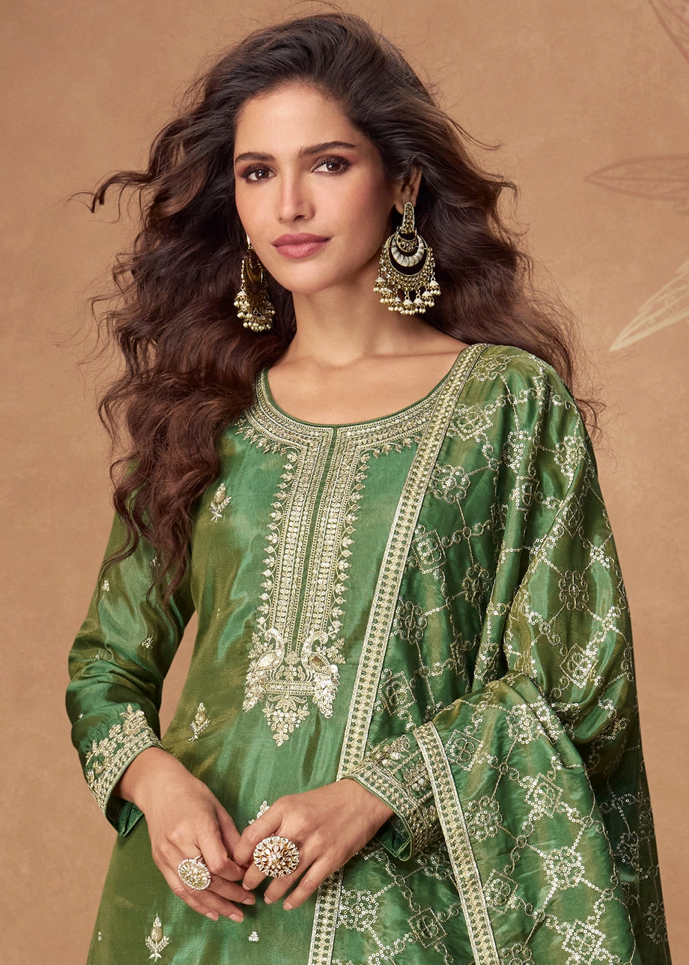 Mantis Green Simar Silk Palazzo Suit with Elegant Embroidery