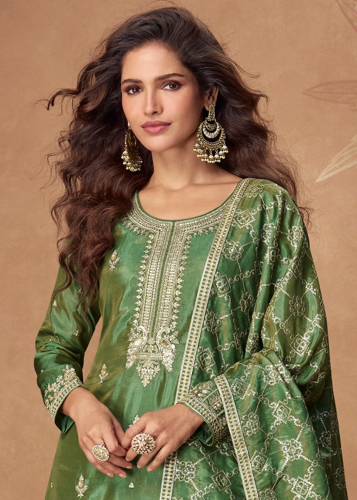 Mantis Green Simar Silk Palazzo Suit with Elegant Embroidery