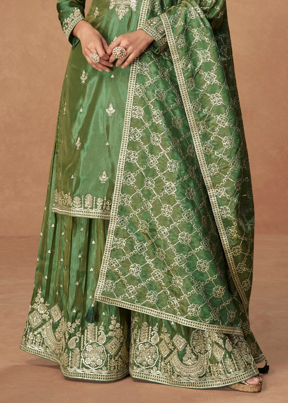 Mantis Green Simar Silk Palazzo Suit with Elegant Embroidery