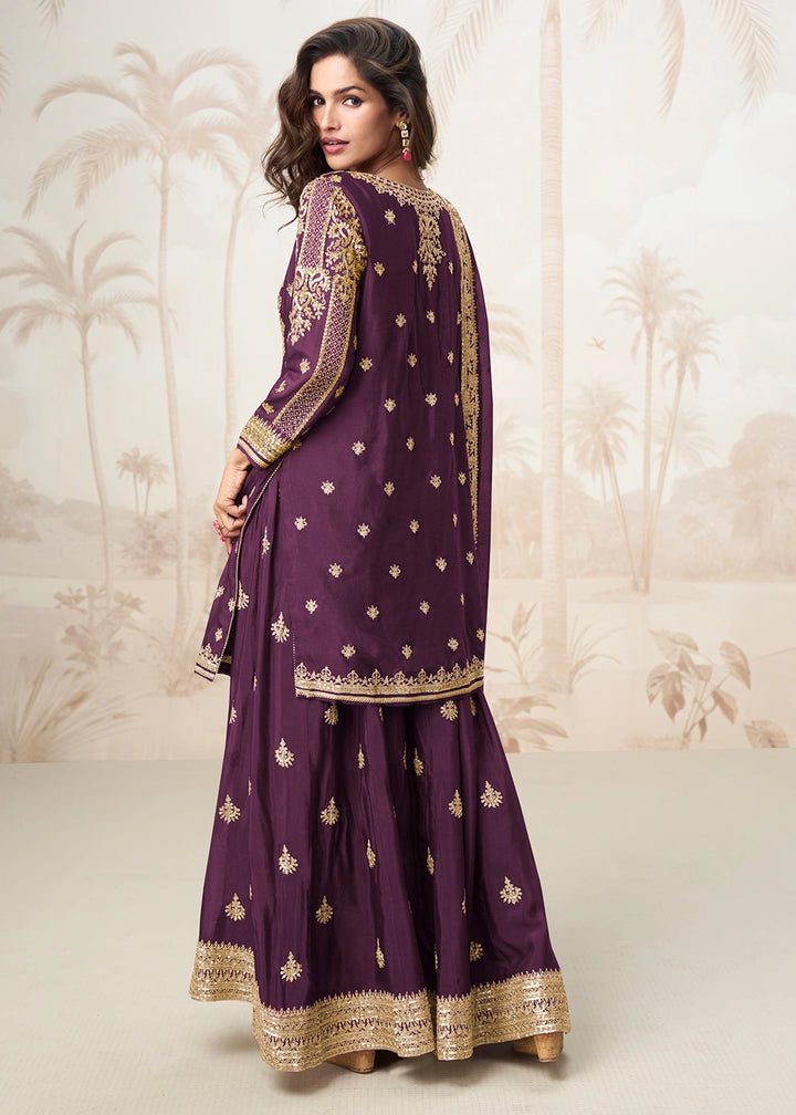 Plum Purple Chinon Silk Palazzo Set with Detailed Embroidery