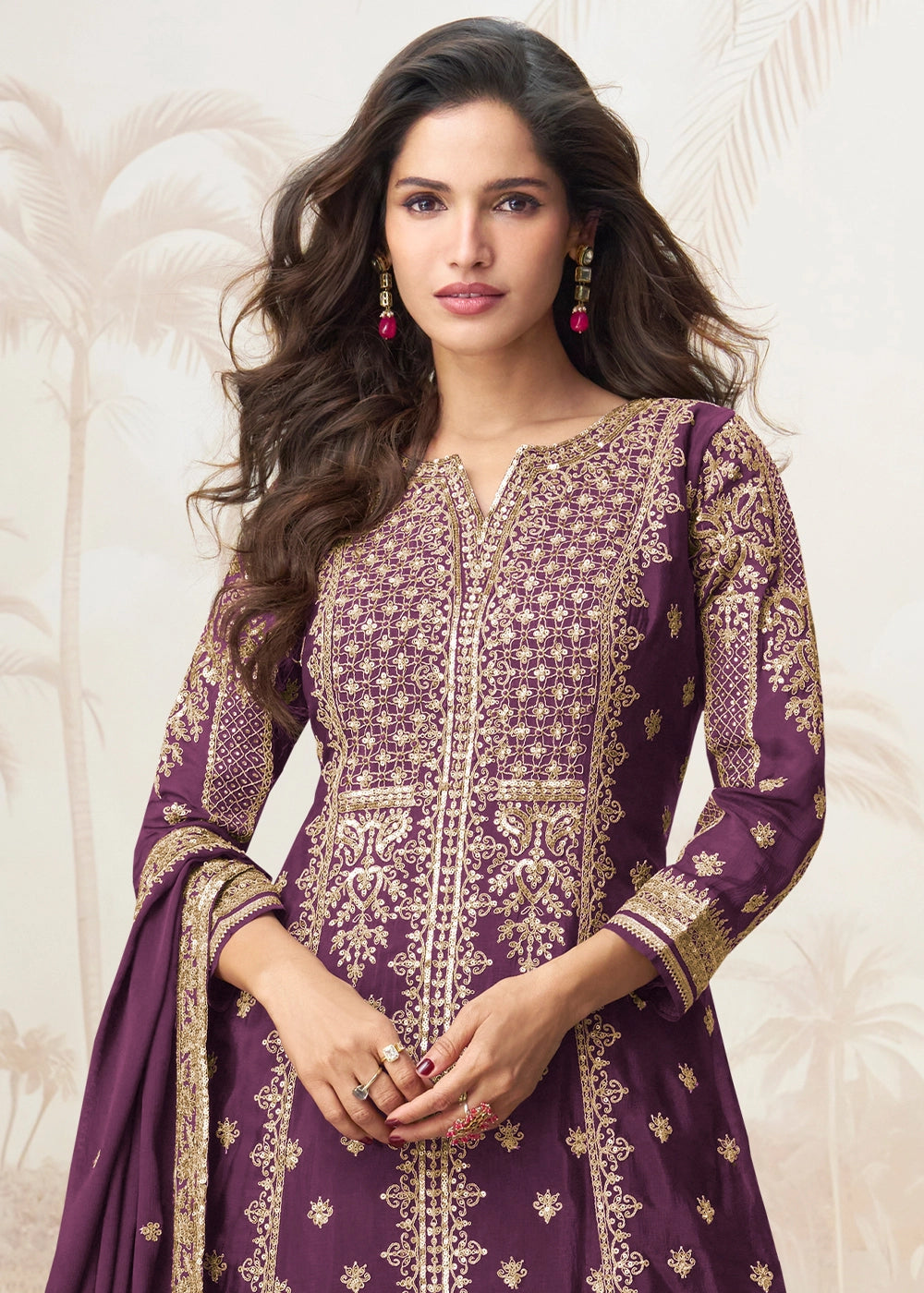 Plum Purple Chinon Silk Palazzo Set with Detailed Embroidery
