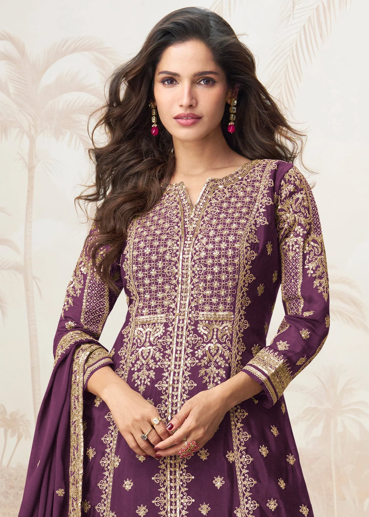 Plum Purple Chinon Silk Palazzo Set with Detailed Embroidery