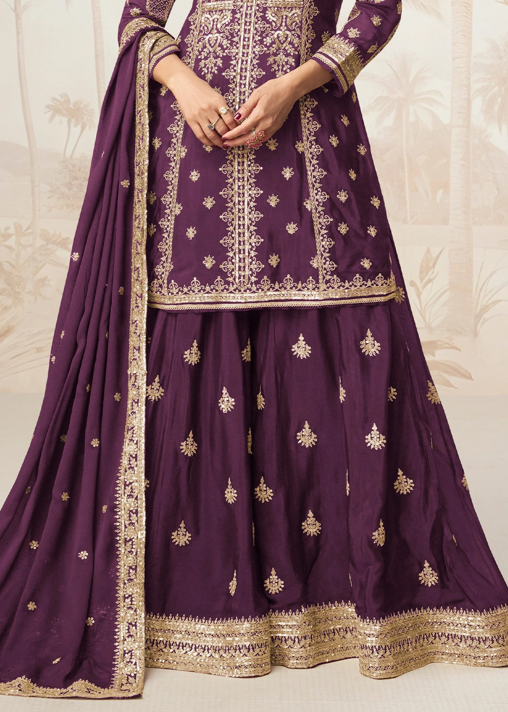 Plum Purple Chinon Silk Palazzo Set with Detailed Embroidery