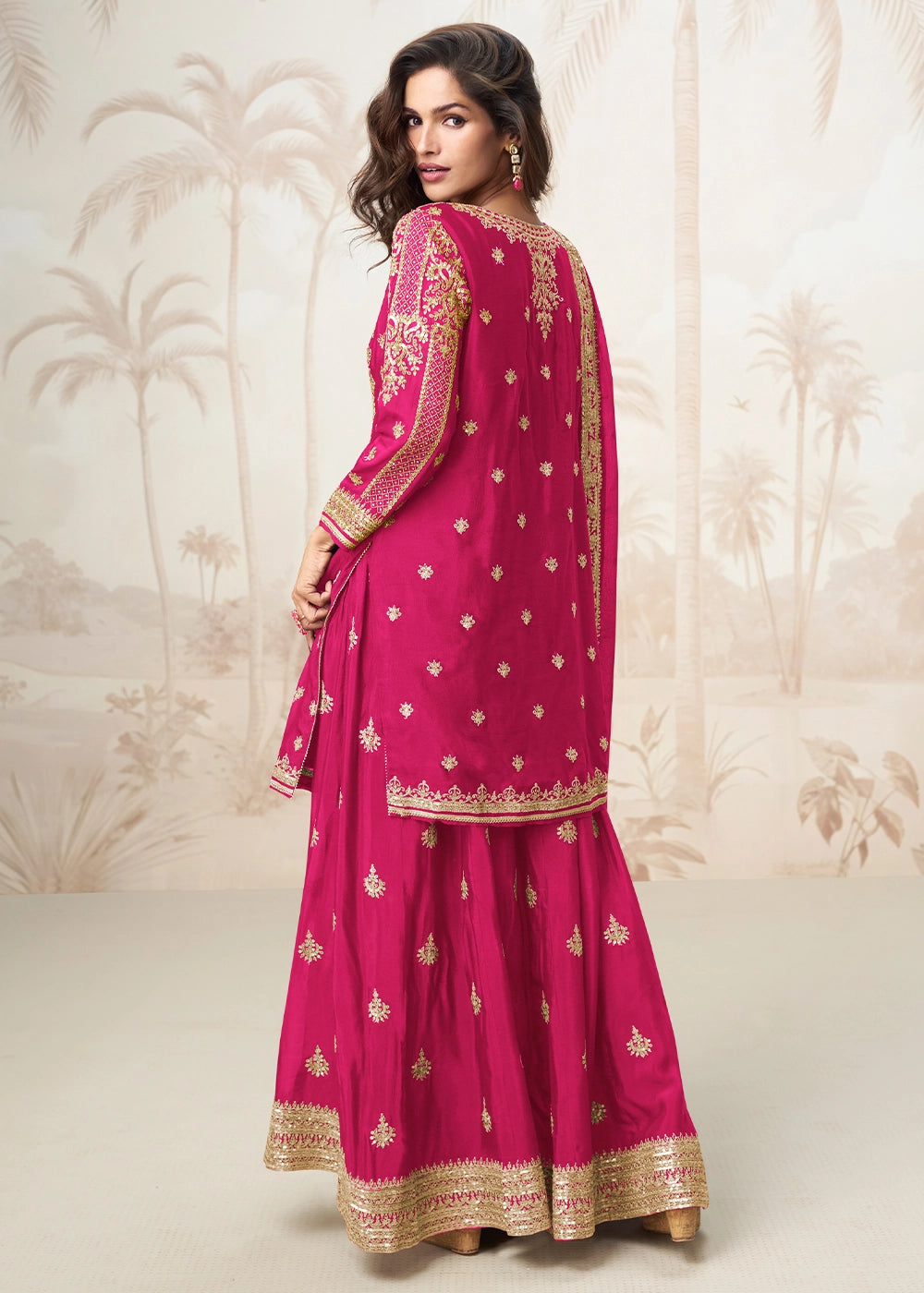 Raspberry Pink Chinon Silk Palazzo Set with Detailed Embroidery